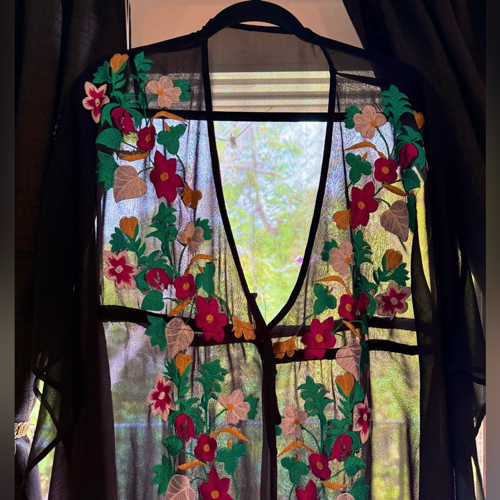 Vintage Floral Caftan Sheer Embroidered Size S/M